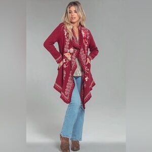 Embroidered Floral Burgundy Open Front Cardigan Medium